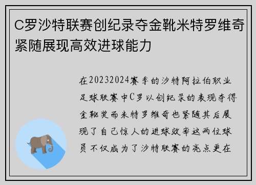 C罗沙特联赛创纪录夺金靴米特罗维奇紧随展现高效进球能力 C罗沙特联赛创纪录夺金靴米特罗维奇紧随展现高效进球能力